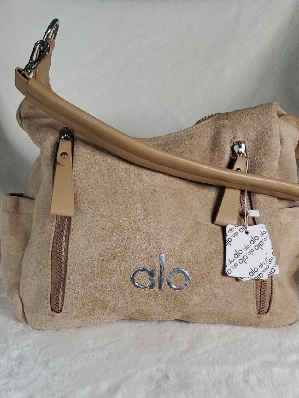 Alo Tan Suede Shoulder Bag with Smooth Tan Strap